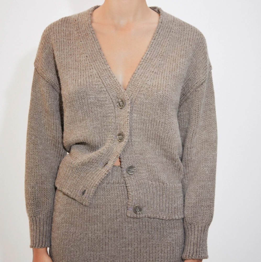 Mango Wool Cardigan Neutral Puffed-sleeved Button Up Size Small